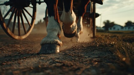Horse-drawn Cart's Journey: Capturing the essence of a horse-drawn cart in motion, where hooves kick up dust along a sun-drenched rural pathway.