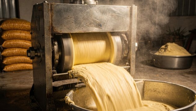 Medium shot showcasing a steel stone mill assembly in action grinding nixtamal to masa with dust and steam illustrating largescale artisanal corn milling operations.