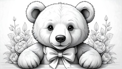 A grayscale illustration of an adorable teddy bear with a bow tie, surrounded by floral accents