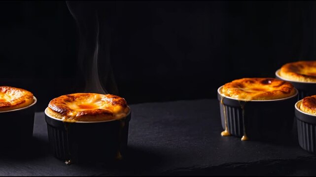 Steaming hot cr&egrave;me br&ucirc;l&eacute;e desserts with caramel dripping in black ramekins on dark background