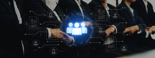 Concept of a digital human resources platform for workforce management. An applicant tracking system helps in team building by organizing employee and candidate profiles. Fermion