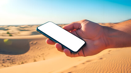 Hand holding smartphone with blank screen in desert sand dunes with warm sunny lighting for mobile advertising