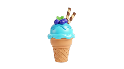 Blue Ice Cream Cone with Berries and Wafers