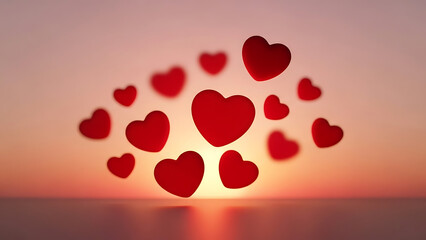 Red hearts floating over sunset ocean