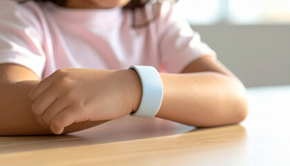 Fototapeta premium Child's Smartwatch Moment: A child's arm with a sleek smartwatch rests on a wooden table, suggesting technological integration and future readiness.