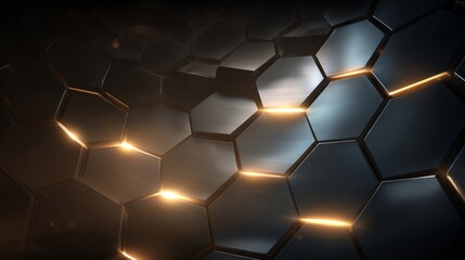 Abstract metallic hexagonal pattern with glowing orange energy lines, a futuristic technological surface design.
