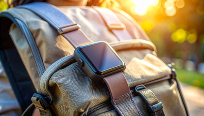 Backpack and Smartwatch: A modern smartwatch rests on a rugged backpack, suggesting an active, connected lifestyle against a blurred, sunlit background. 