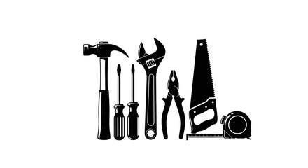 Set of black vector tools including hammer, screwdrivers, wrench, pliers, saw and tape measure on white background, carpentry and diy equipment