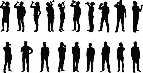 People drinking beverage silhouette set, men and women holding bottles cups, casual lifestyle hydration concept, black human figures icons
