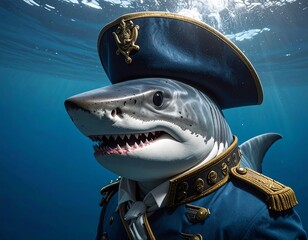 A great white shark dressed as a naval officer, submerged in deep blue water with sunlight rays