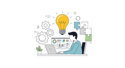 Man working on laptop with lightbulb and puzzle pieces surrounding him, vector illustration of creativity and problem solving