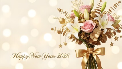Elegant New Year celebration bouquet featuring radiant lilies and delicate roses with golden decorative elements, perfect for festive greetings and holiday joy on a sparkling bokeh background