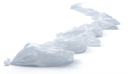 A line of plastic bags are on a white background