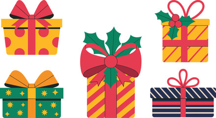 Festive, gift, boxes, with, holly, ribbons, bows, polka, dots, stripes, stars, celebration, holiday, packaging, present, wrapping, decorative, design, vector, illustration