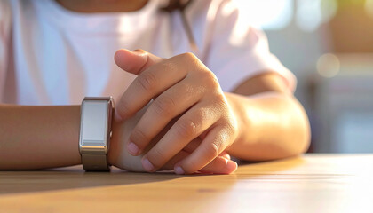 Wrist Smartwatch Embrace: A child's hand is featured, with a smart watch on the wrist, highlighting the seamless integration of technology with daily life.