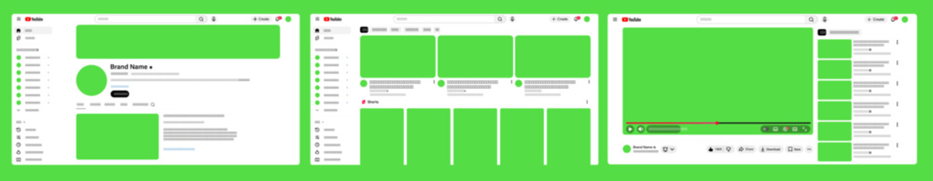 YouTube interface mockup showing video feed, channel layout, and player screen in modern smartphone template, Editorial vector file	