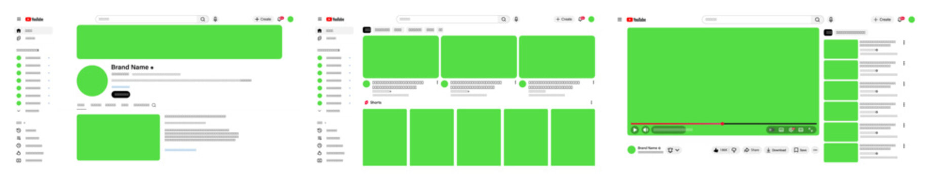 YouTube interface mockup showing video feed, channel layout, and player screen in modern smartphone template, Editorial vector file	