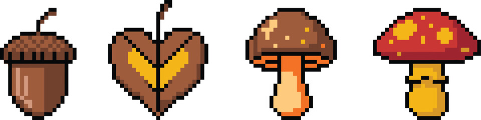 Pixel art autumn nature icons set featuring acorn leaf mushrooms forest elements retro game style vector illustration © Creative Asif