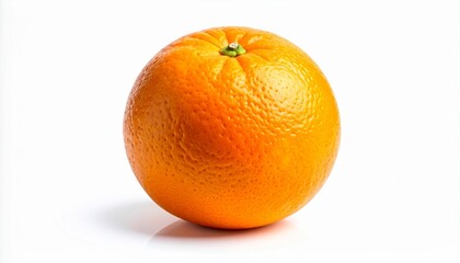 Whole round orange fruit with textured peel and small green stem on plain white background.