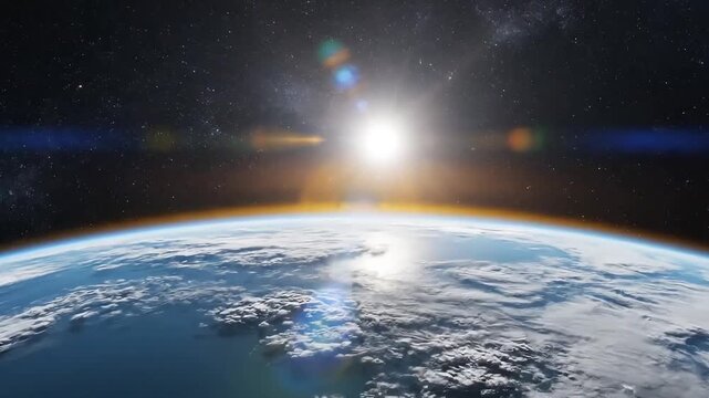 Wide shot of the earth from space sun rising on the left side starry sky blue and yellow tones.
