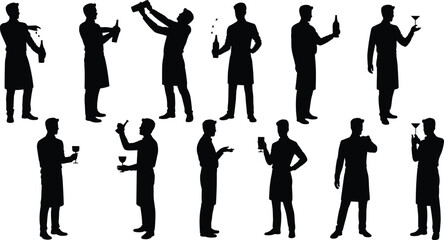 Bartender silhouette cocktail making poses set featuring professional barman shaking pouring serving drinks bar illustration collection