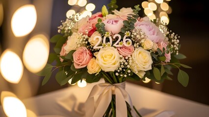 Elegant bouquet celebrating '2026' with vibrant roses and soft peonies, beautifully arranged against a sparkling bokeh background, perfect for future events and festive new beginnings