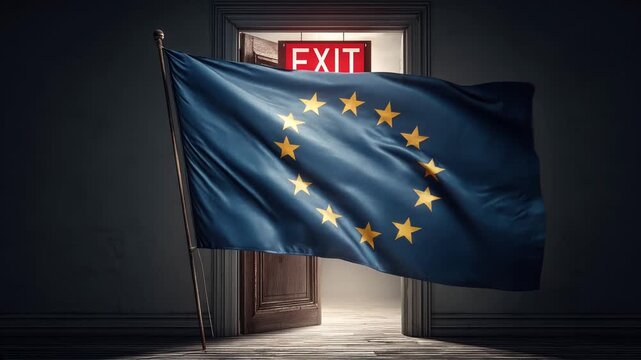 eu flag waving with exit door