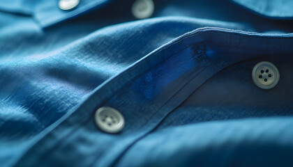 Close-up of a blue shirt with visible buttons, suitable for fashion and textile uses