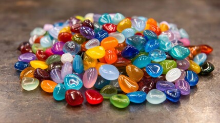 An assortment of colorful, translucent glass beads scattered on a textured surface, showcasing a vibrant collection for crafting and decor.
