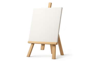 Wooden easel with blank white canvas for painting projects, creative design, or art school concept on transparent background