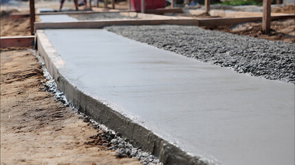 A freshly poured concrete pathway is showcased with smooth, gray surface contrasted against rough gravel and soil. Wooden frames support the structure.