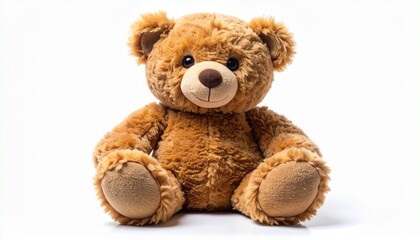 Obraz premium Light brown plush teddy bear with darker brown nose and paw pads sitting upright on white background.