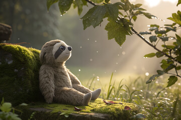 Fototapeta premium Weighted Sloth Plush Garden Moss Stone Calm Nature Therapy Stuffed Animal