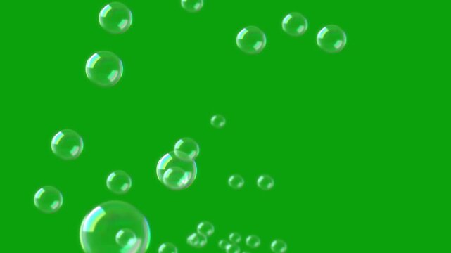 Flying water bubbles green screen motion graphics, 4k, loop. flying soap bubbles on green screen background , vertical orientation. Soap bubbles rise towards a green screen