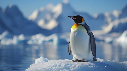 Fototapeta premium A lone penguin on an ice floe amid melting icebergs highlights the climate crisis — a powerful backdrop for environmental campaigns and calls for nature conservation.