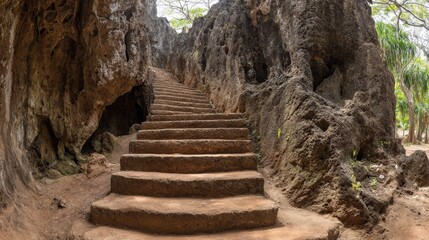 Ancient carved stone steps ascending through rugged natural rock formations in a dramatic canyon landscape