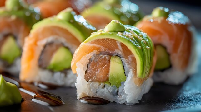 Delicious sushi rolls featuring fresh salmon, avocado, and a touch of wasabi. - Powered by Adobe