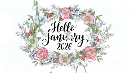 Beautiful floral wreath with Hello January 2026 text on white background.
