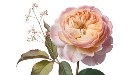 Beautiful peach rose flower isolated on transparent background with green leaves