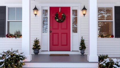 Fototapeta premium A bright red front door decorated with a festive wreath and a red bow. Small lighted evergreen trees sit on the porch, and snow-covered bushes with twinkling lights frame the welcoming white house.