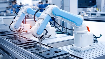 Robotic arm pick-and-place system for an electronic assembly line, used in smart technology manufacturing.