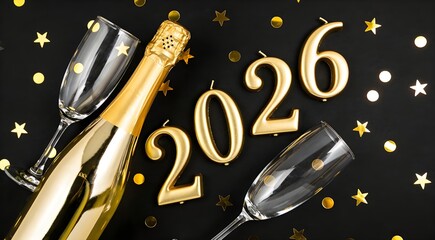 Festive vertical New Year's image featuring golden 2026 numerals, champagne bottle, and elegant glasses with celebration theme 