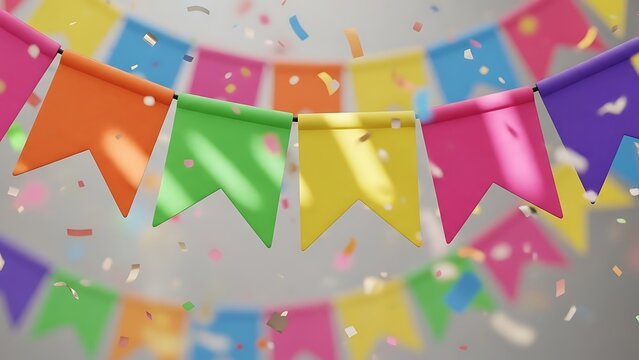 Vibrant string of festive flags and sparkling confetti celebrating a joyous occasion, perfect for party backgrounds and happy event designs