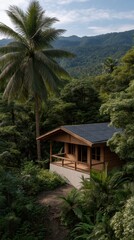 Cozy Cabin with Solar Panels on Rooftop Surrounded by Lush Green Forest Landscape