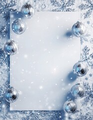 White Christmas Card Mockup with Silver Baubles and Shimmering Snowflake Border