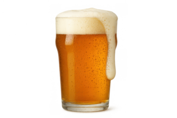 Pint glass overflowing with golden beer and frothy white head, creating a refreshing beverage pour