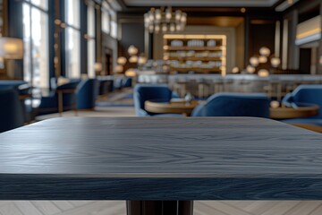 Luxury restaurant interior with empty table and blue chairs