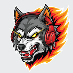 Aggressive Wolf Mascot with Fiery Aura Wearing Red Gaming Headphones