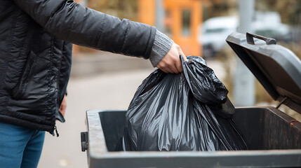 Person throws a black trash bag filled with garbage into a gray outdoor garbage bin. The scene captures a routine act of waste disposal in an urban environment.