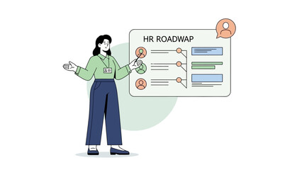 Fototapeta premium HR Roadmap Illustration Showing a Female Presenter Explaining Human Resources Strategies and